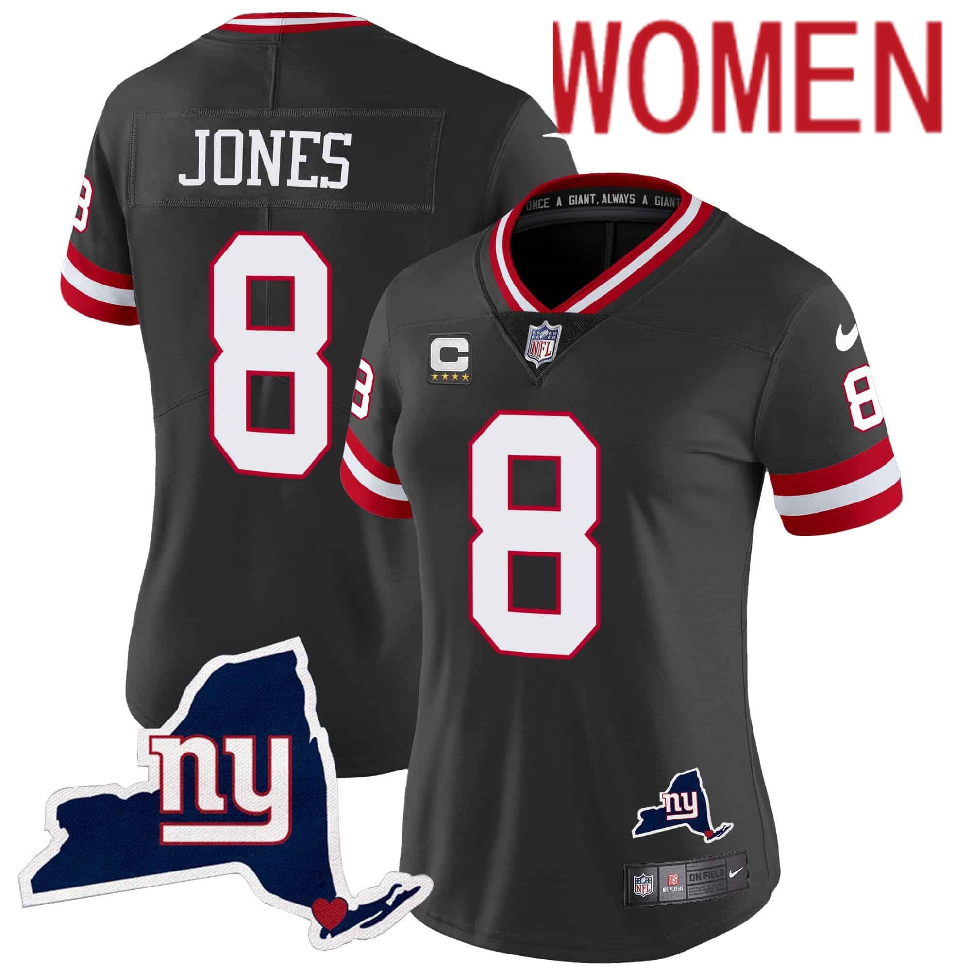 Women New York Giants #8 Jones Black 2024 Nike Map Patch Limited NFL Jersey style 1